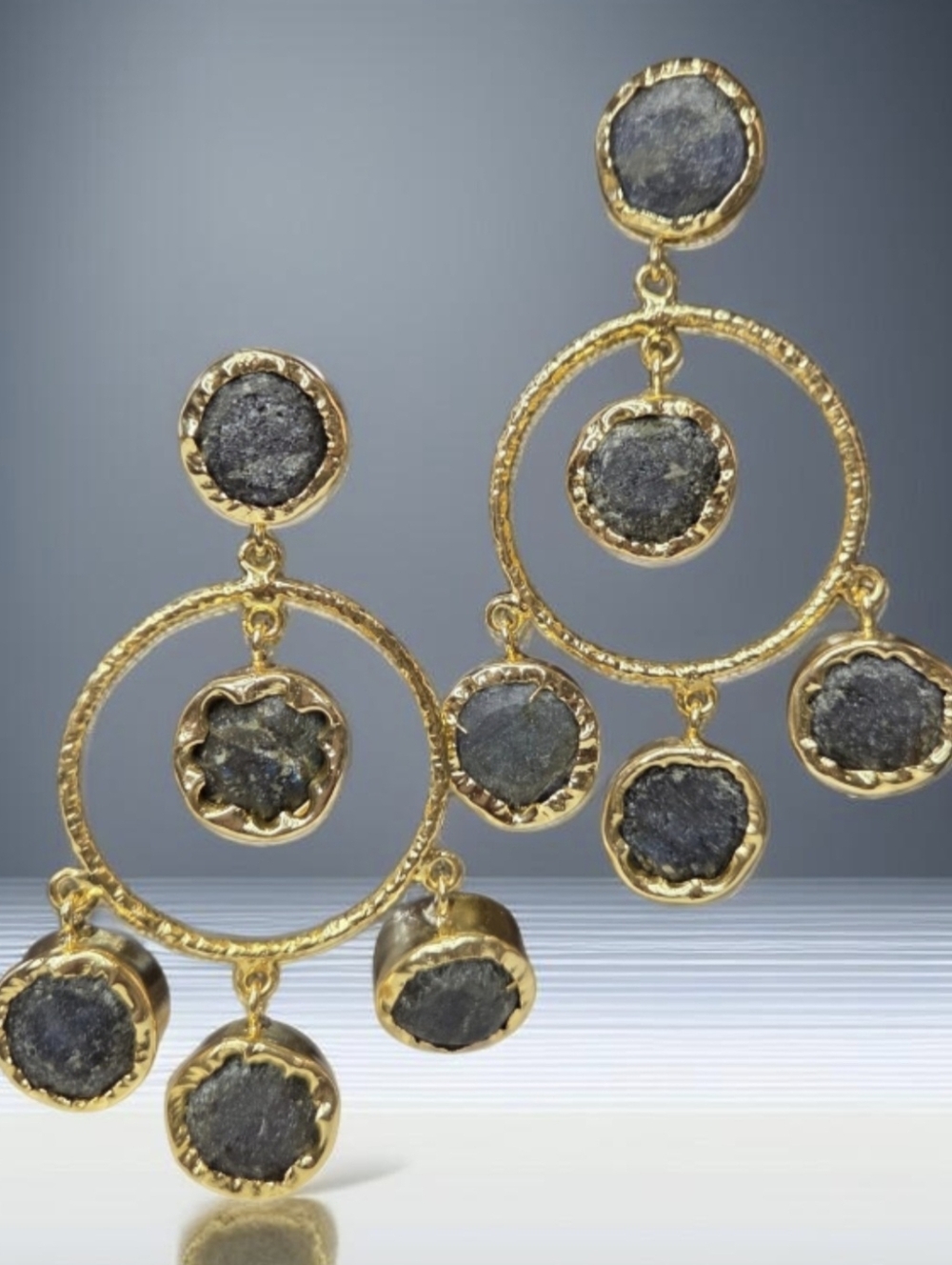 18k Gold Plated Artisan Raw Natural Labradorite Stone Statement Dangle Earrings